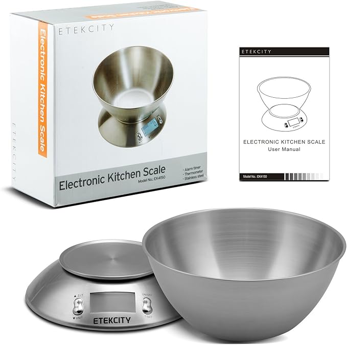 Etekcity Food Kitchen Scale with Bowl, Digital Weight Scale for Food Ounces and Grams, Cooking and Baking, Timer, and Temperature Sensor, 2.06 QT, Stainless Steel