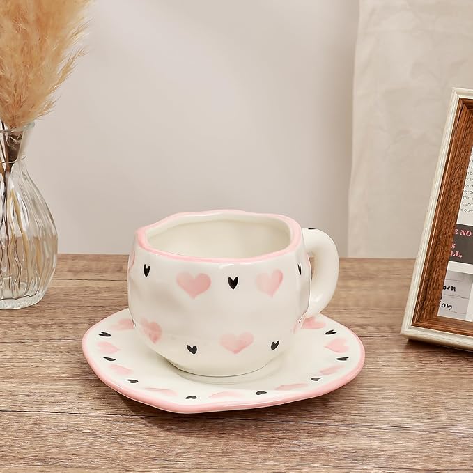Koythin Ceramic Coffee Mug with Saucer Set, Cute Sweet and Cool Love Cup Unique for Office and Home, 10 oz/300 ml for Latte Tea Milk