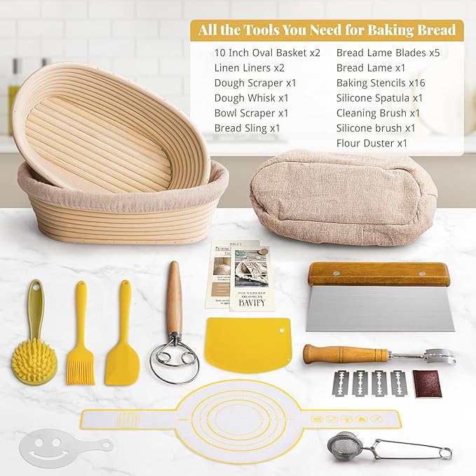Sourdough Starter Kit, Sourdough Bread Baking Supplies with 2 Pcs 10" Oval Banneton Bread Proofing Baskets, Dough Scraper, Dough Whisk, Bread Lame, Silicone Sling, Spatula, Recipe