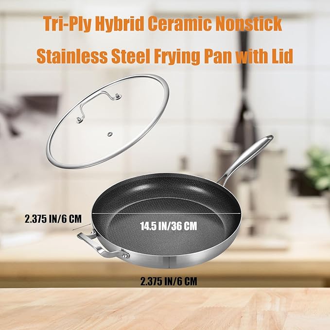 Inqibee 14.5-Inch Hybrid Ceramic Nonstick Tri-Ply Stainless Steel Frying Pan with Lid, Large Skillet,Induction Chef's Cooking Pan,Dishwasher and Oven Safe