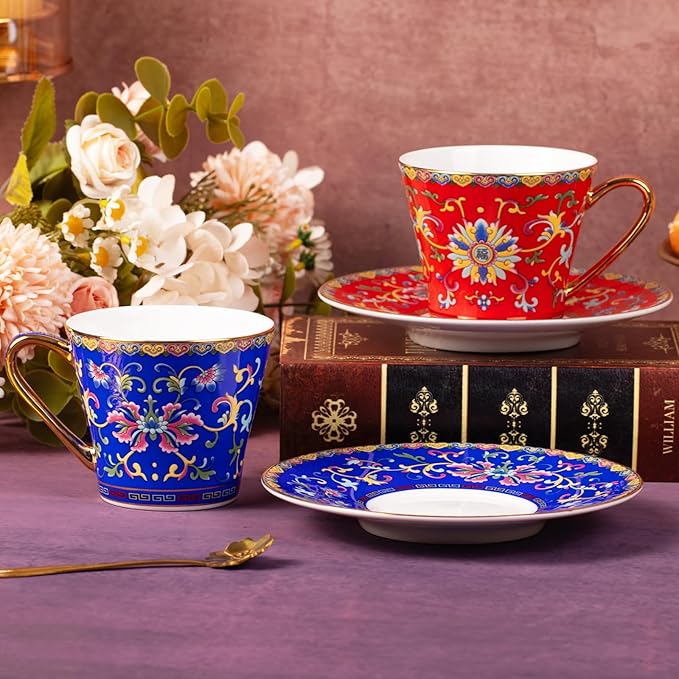 KAMMAK Tea Cups and Saucers Set of 2, Porcelain Coffee Cup with Saucer for Espresso, Cappuccino, 8oz Vintage Red and Blue Ceramic Demitasse Mug for Home, Tea Party, Office