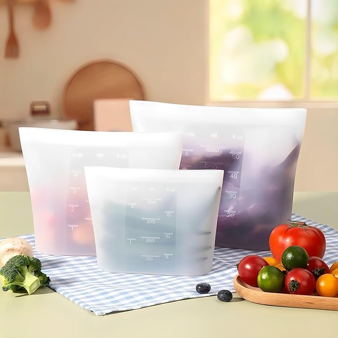 Reusable Storage Bag, 12 Pack 100% Silicone Food Storage Bags Stand Up Silicone Zip Lock Bags for Food Container, Freezer Microwave Oven Dishwasher Safe, 4 Medium 4 Small 4 Extra Small, Translucent