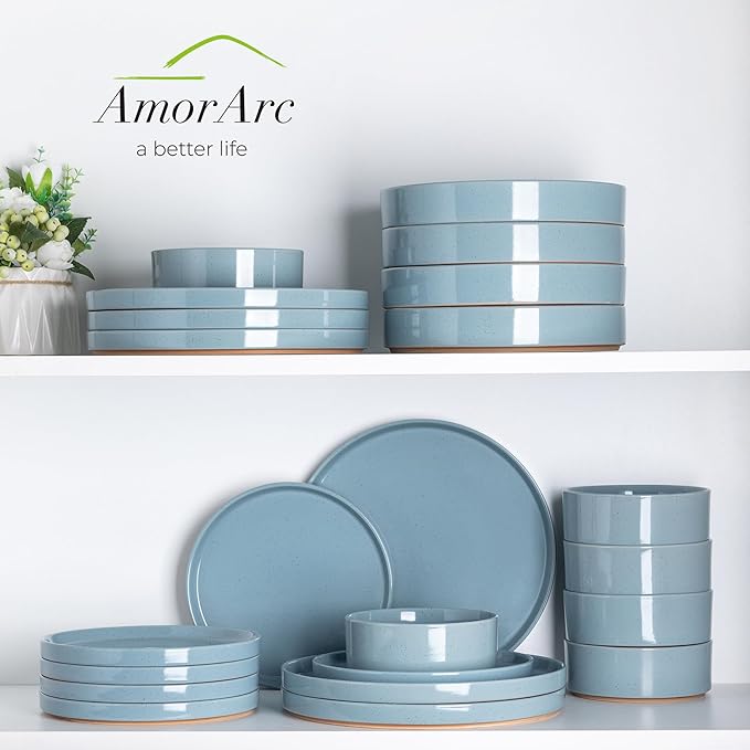AmorArc Ceramic Dinnerware Set for 8 | Speckled Stoneware Plates and Bowls with Rustic Terracotta Underside| Scratch Resistant,Dishwasher & Microwave Safe Dishes Sets- 24pcs Blue