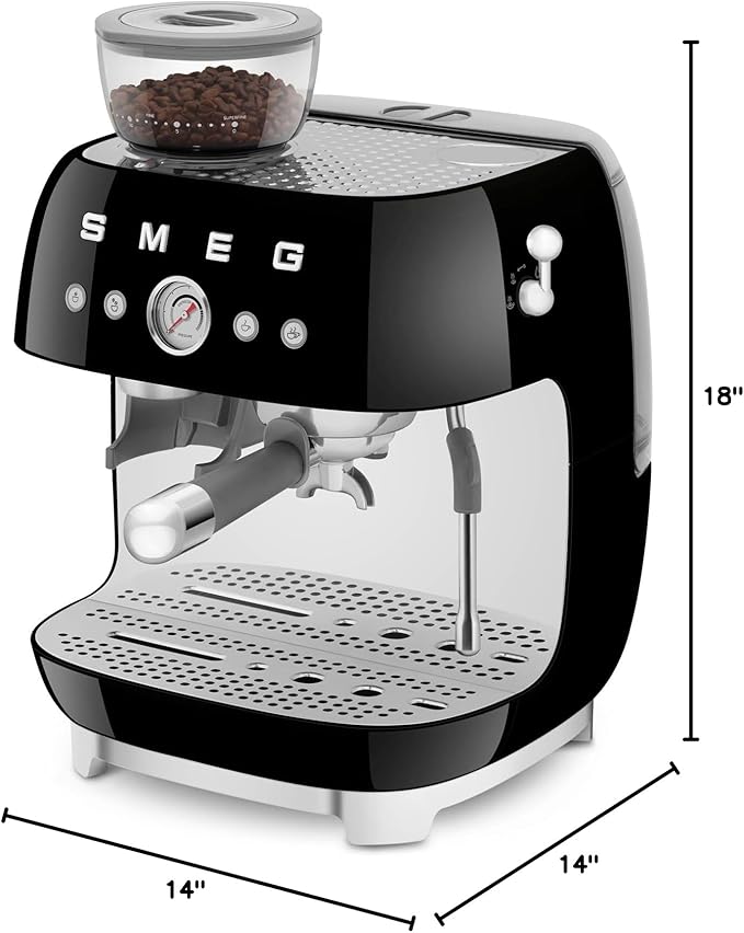 Smeg EGF03 Semi-Automatic Espresso Machine with Built-In Grinder, Dual Thermoblock, 50’s Retro Style – Black (120 V)