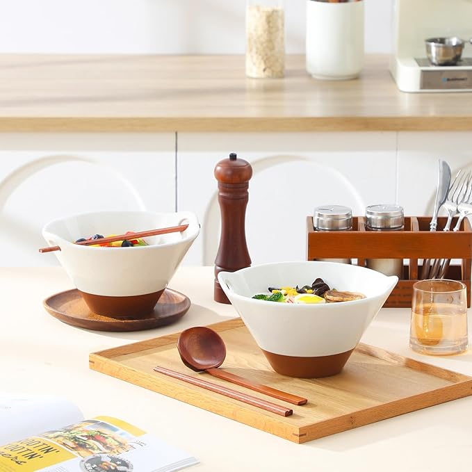 MALACASA 42 oz Ceramic Ramen Bowl Set with Wooden Spoon & Chopsticks, Japanese Style Soup Bowls for Ramen, Pho, Noodles – Set of 2, Microwave & Oven Safe – TARA Series (White and Khaki)