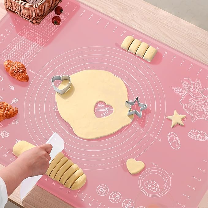 Silicone Pastry Mat 28" x 20" Extra Thick Non Stick Baking Mat with Measurements and Edge Heightening, Food Grade Silicone Rolling Mat for Pastry, Bread, Cookies, Pizza, Fondant, Pasta - Pink