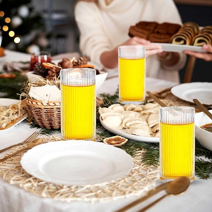 Zhehao 12 Pcs Ribbed Drinking Glasses Set 9 oz 12 oz Glass Cups Vintage Glassware Ribbed Cocktail Cup Clear Ice Coffee Highball Ripple Drinkware for Home Bar Beverages