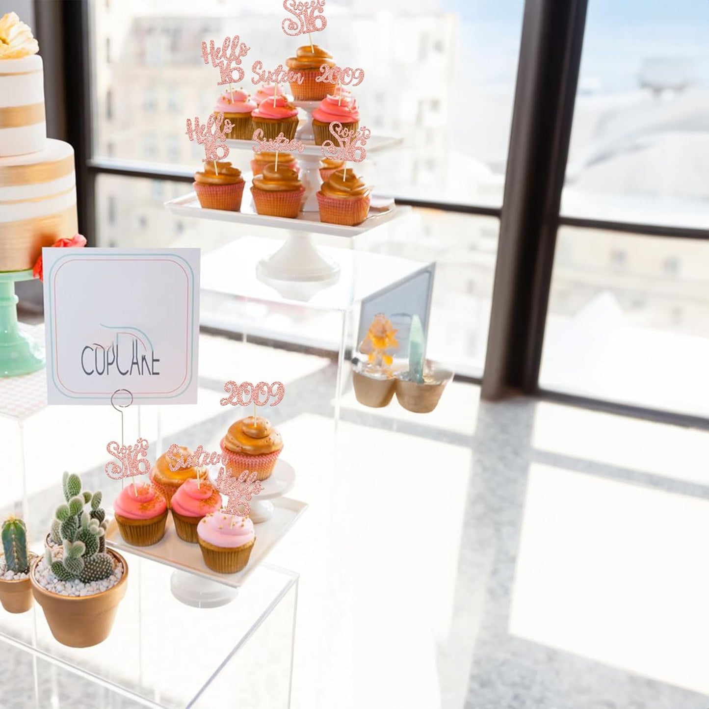 Gyufise 24pcs 16th Birthday Cupcake Toppers - Rose Gold Glitter Hello Sweet 16 Cupcake Picks - 2009 16th Birthday Cake Decorations for Anniversary Party Supplies