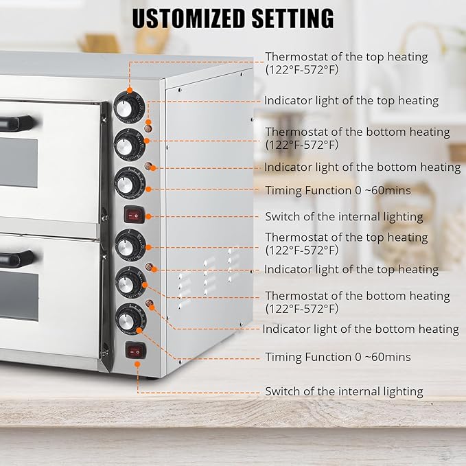 3600W Countertop Electric Pizza Oven,Stainless Steel Pizza Oven Maker with Timer & Removable Tray for Home, Kitchen & Restaurant, Silver