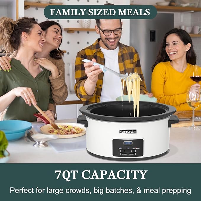 7-Quart Programmable Slow Cooker with Timer Keep Warm - Small Kitchen Appliance for Family Dinners - Serves 6+ People - Heat Settings: Keep Warm(White, Black Liner)
