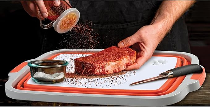 BIRDROCK HOME 2-pack Collapsible BBQ Prep Tub w/Cutting Board, Multi-Function Grill Caddy w/Colander & Lid, Portable Silicone Dish Bowl for Picnic, Tailgate, Camping (Orange, X-Large)