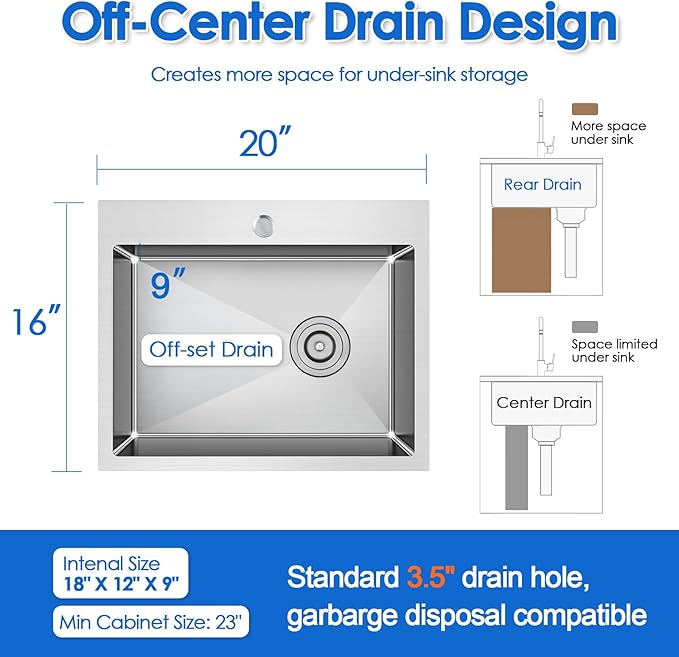 ROVOGO 20x16x9 in. Drop-in Kitchen Sink Single Bowl, 304 Stainless Steel Handmade Modern Sink Top Mount with Bottom Grid and Offset Drain Assembly, 1 Faucet Hole, Brushed