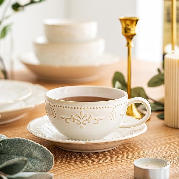 6 oz Cappuccino Cups with Saucers, Suit For House-warming, Ceramic Embossment Coffee Cup for Au Lait, Double shot, Latte, Cafe Mocha, Tea - Set of 4, Arctic white