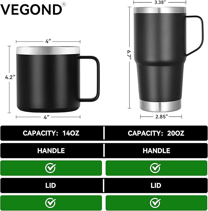 VEGOND 14 oz Insulated Coffee Mug Bulk with Handle, Stainless Steel Travel Coffee Mug with Lid, Double Wall Vacuum Metal Coffee Cup, Coffee Tumbler Powder Coated, Dark Green 4 Pack