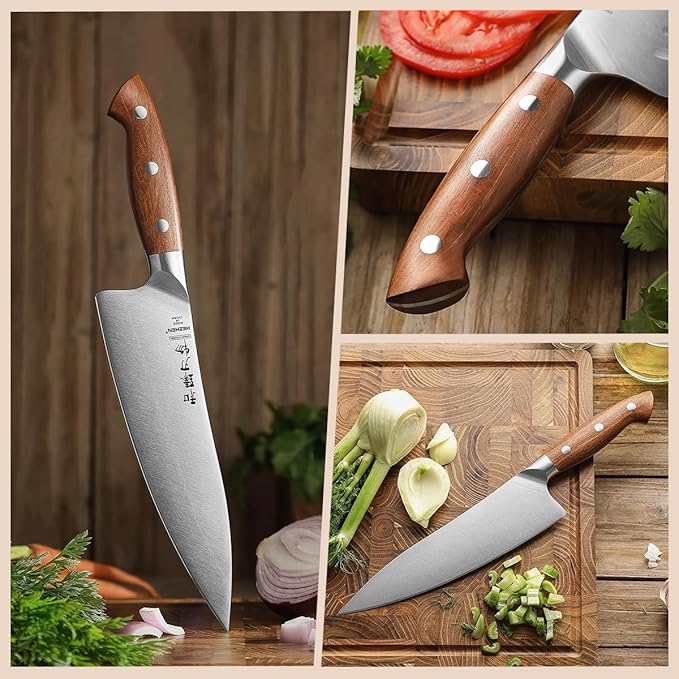 HEZHEN Pro Chefs Knives 8.3 Inch,High Carbon German 1.4116 Steel,Stainless Steel Rivets with Red Wood Handle,Razor Sharp,Super Edge,with Woodern Knife Sheath