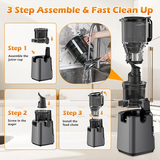 Juicer Machines with 5.8" Large Feed Chute, 400W Cold Press Juicer for Whole Vegetables and Fruits, Slow Masticating juicer Easy to Clean Juice Extractor Machine High Juice Yield(Titanium Gray)