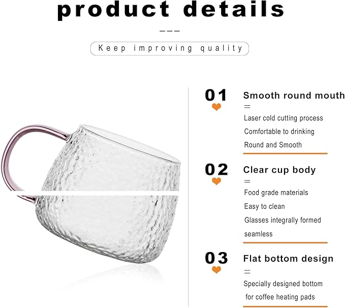 LUXU Hammered Tea Cups,Glass Coffee Mugs,Set of 6 Coffee Cups with Different Color Handles-15 oz,Prefect for Cappuccino,Latte,Water,Mocha,Milk,Widely Used for Cafes,Home and Office