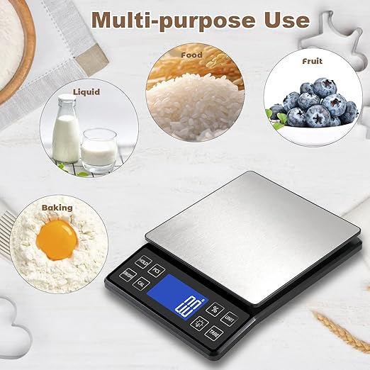 Digital Kitchen Scale with 0.1g/0.001oz High Precision, 5kg/11lb Food Bakery Scale with% Percentage Function, Tare Function, USB Rechargeable or AAA Battery Power, Stainless Steel Pan