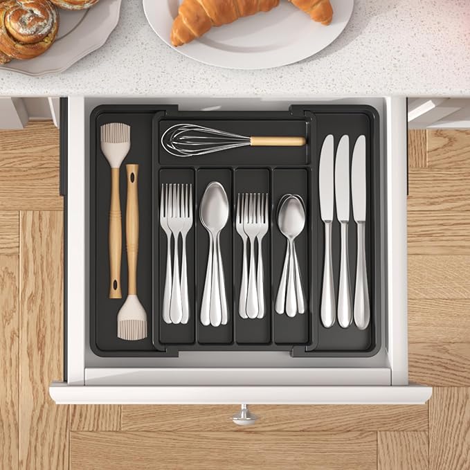 Lifewit Medium Silverware Drawer Organizer, Expandable Utensil Tray for Kitchen, BPA Free Flatware and Cutlery Holder, Adjustable Plastic Storage for Spoons Forks Knives, Black