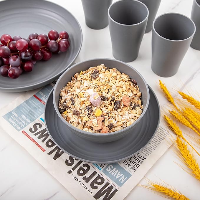 Supernal 32pcs Wheat Straw Dinnerware Sets,Unbreakable Dinnerware Sets for 8,Reusable Tableware,Dishes Set for 8,Plates and Bowls Set Dark Grey Include16pcs Plates, 8pcs Bowls, 8pcs Cups