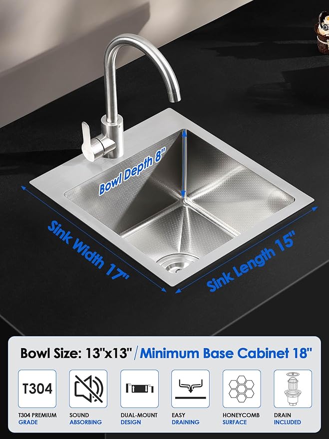 ROVOGO 15"x17"x8" Kitchen Bar Sink, 304 Stainless Steel, Drop-In Single Bowl with Anti-Scratch Honeycomb Surface, 1 Faucet Hole Top Mount Small Wet Bar Sink, Brushed Finish