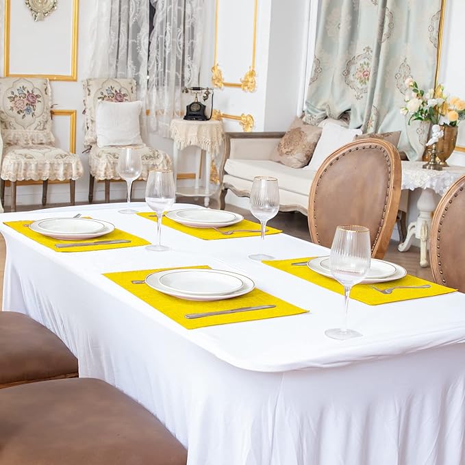 Linen Type Fabric Placemats Set of 8, Machine Washable, Heat Resistant, Wrinkle Free Thick Polyester Kitchen Place Mats for Dining Table (Yellow)