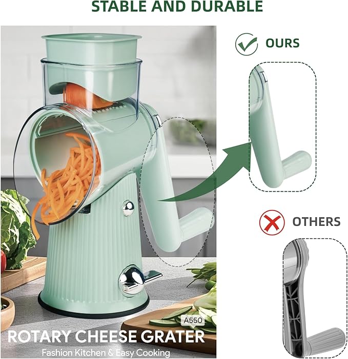 TOPAA Rotary Cheese Grater with Handle Vegetable Shredder with 5 Blades, Round Mando line Slicer and Food Chopper for Kitchen (Green)