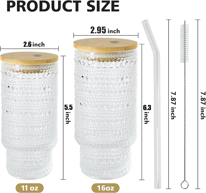 8 Pcs 16 oz Hobnail Glasses Cups Set with Bamboo Lids Straws Brush Hobonail Ribbed Glassware Set for Juice Iced Coffee Beer Cocktail Whiskey