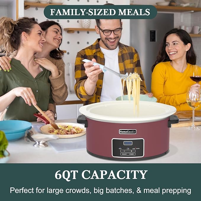 HOMECOOKIN 6-Quart Programmable Slow Cooker with Timer - Small Kitchen Appliance for Family Dinners - Serves 6+ People - Heat Settings: Keep Warm(Red Shell + White Ceramic Liner)