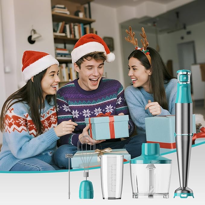 Immersion Blender Handheld Corded Hand Blenders Set 1100W, Trigger Variable Speed 5 in 1 Stick Emulsifier with Chopper, Whisk and Frother for Soup, Baby Food and Smoothies, Cyan Blue