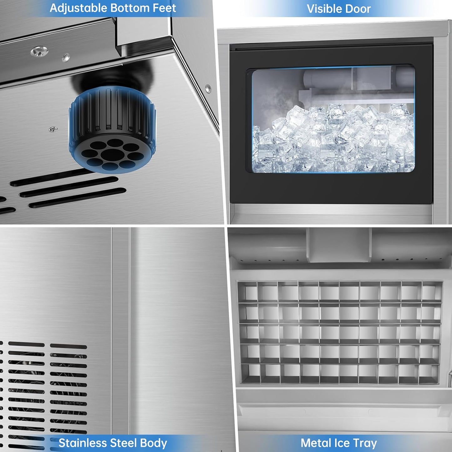 Ice Machine Commercial Ice Maker Machine, 150 Lbs /24H, 30 lbs Bin, Under Counter Built-in or Freestanding, Stainless Steel Household Use, Restaurant Bar Kitchen Cafe