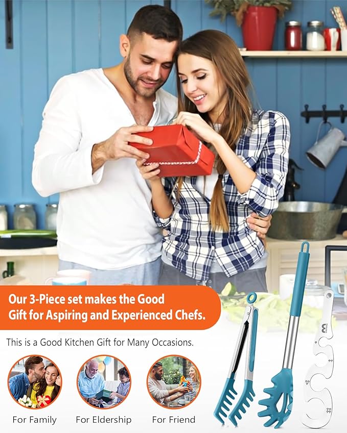 Silicone Spaghetti Spoon & Pasta Tong With Pasta Measurer, 3 Pack of Non-Stick Stainless Steel Handle Pasta Fork Set with Teeth, Food Clip for Easy Serving of Noodles (BLUE)