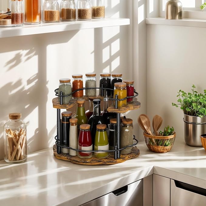 2-Tier Wooden Lazy Susan Turntable Organizer for Cabinet, Table Top, Kitchen, Pantry, Bathroom, Vanity Countertop, Rotating Wood Lazy Susans Rack for Spice, Seasoning Storage Organization(Petal)