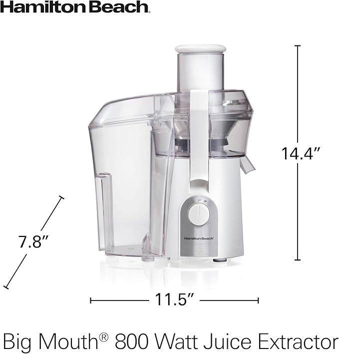Hamilton Beach Juicer Machine, Big Mouth 3” Feed Chute for Whole Fruits and Vegetables, Easy to Clean, Centrifugal Extractor, Vegetable & Fruit Juicer, BPA Free, 800W Motor, White