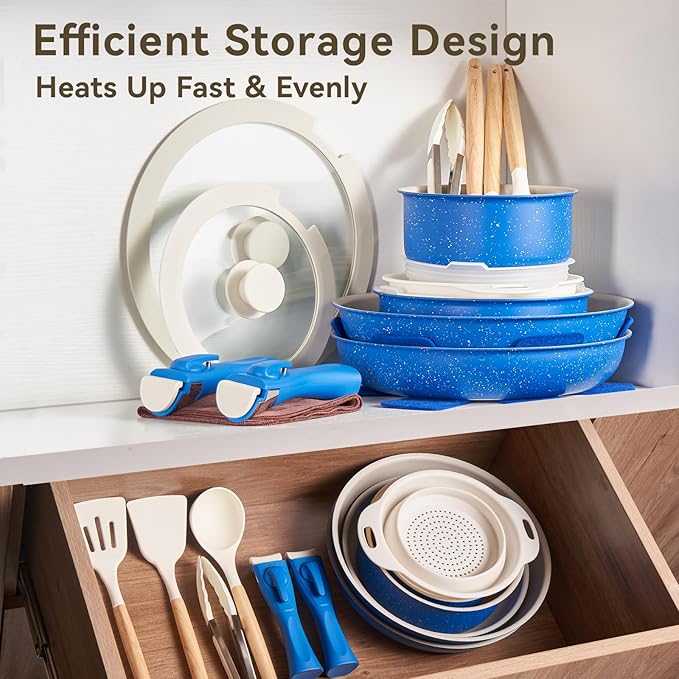 22Pcs Ceramic Cookware Set with Removable Handles – Induction/Oven Safe Pots and Pans Set Nonstick, Eco-Friendly Kitchen Essentials for Healthy Cooking, Blue