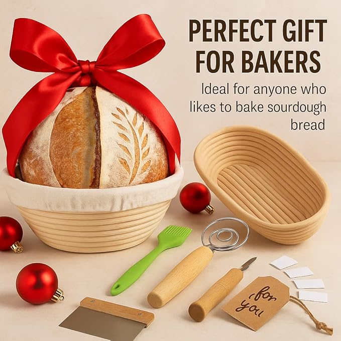 Sourdough Bread Baking Kit โ 2 Banneton Proofing Baskets With Liners (9โ Round & 10โ Oval), Dough Whisk, Bread Lame With 5 Blades, Dough Scraper, Silicone Brush