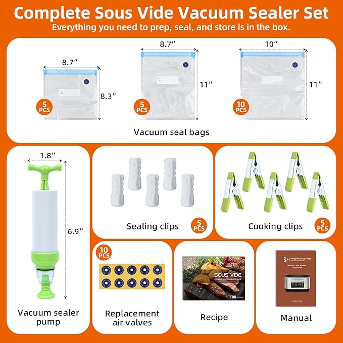 Homtone Sous Vide Cooker, Sous Vide Machine 8 Quart, Sous Vide Precise Cooker Accurate Temperature and Time Control Digital Display,Stainless Steel Suveed Cooking Machine Vacuum Bags + Pump Included