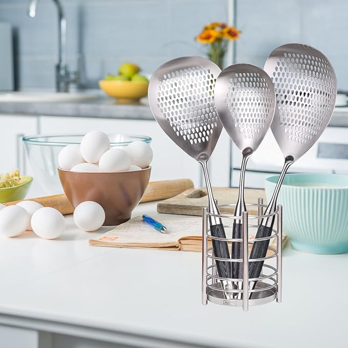 Utensil Holder for Kitchen Counter - 6.1" X 4.8" Large Metal Cooking Utensil Crock Stainless Steel Utensil Holder Container Canister Spatula Spoon Caddy Organizer-Brushed- Heavy Base, Silver