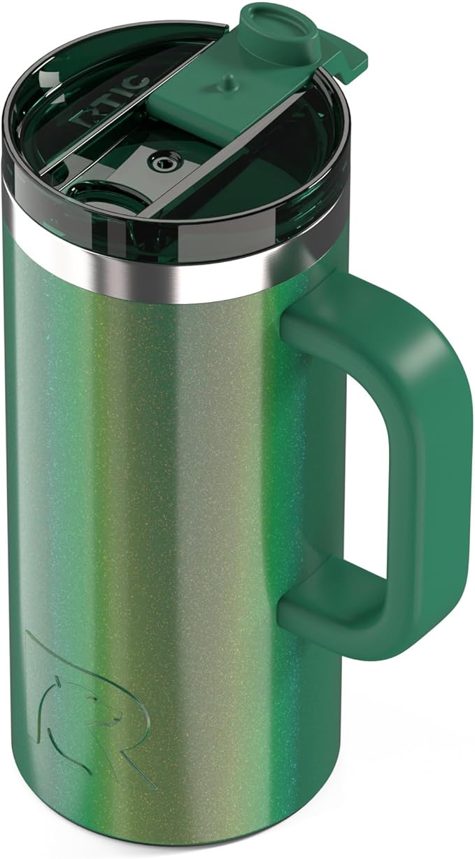 RTIC 16oz Road Trip Travel Mug with Lid and Handle, Ceramic Lined, Insulated, Stainless Steel, Metal, Double Wall Vacuum-Insulation, Portable Coffee, Tea Cup for Hot and Cold Drink, Pine Tree Glitter