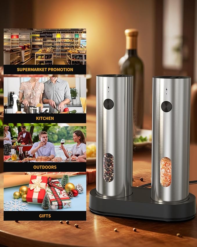 CIRCLE JOY Rechargeable Electric Salt and Pepper Grinder Set Automatic Stainless Steel Pepper Mill Grinders with Charging Base, Adjustable Coarseness, 110ml Container and Bright LED Light, Silver