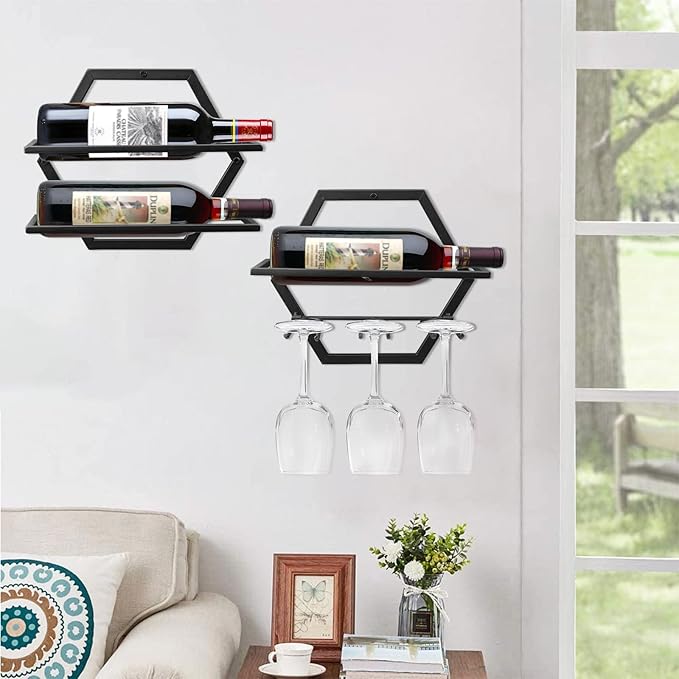 2Pcs Wall Mounted Wine Bottle Stemware Rack, Metal Hanging Wine Display Holder with 3 Stemware Glass Organizer, Red Wine Racks for Home Kitchen Bar Decor (Black) (A2)