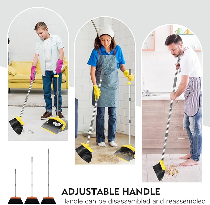 NACENA Broom and Dustpan Set, 55-in Long Adjustable Handle Broom Dustpan Combo with Dustpan Teeth to Automatically Clean Hair Suitable for Home Kitchen Office Hall Floor, Large(Grey&Yellow)