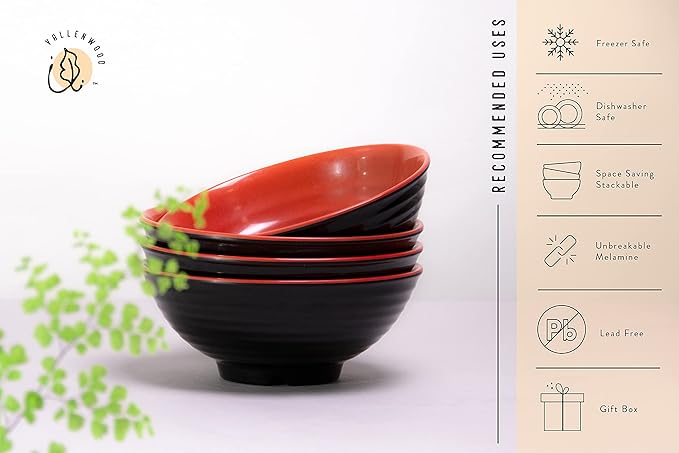 6 Ramen Bowls, 18 pieces Pho set. Red Black Asian Japanese soup. Utensil Spoons And Chopsticks kit. Melamine. Large 37 oz. Noodles, Rice, Udon, Thai, Chinese, Korean, Wonton, Miso (Red Black x6)