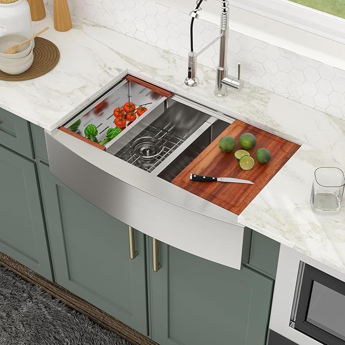 Logmey 33 Farmhouse Sink Double Bowl - 33x21 Inch Stainless Steel Apron Front Kitchen Sink Ledge Workstation Low Divide Double Bowl 50/50 16 Gauge Farm Kitchen Sinks