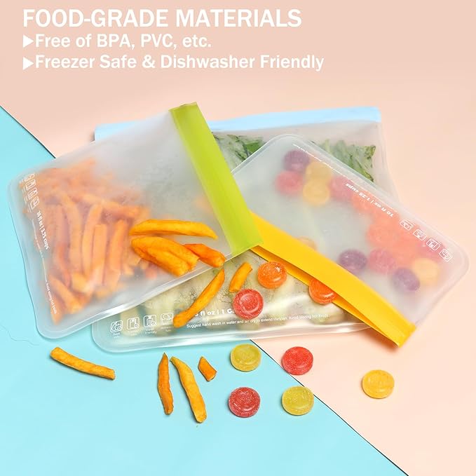 SPLF 12 Pack Dishwasher Safe Reusable Bags, Leakproof Reusable Freezer Bags, BPA Free Food Storage Bags for Lunch, Meal Prep, Marinate, Veggies, Travel - 2 Gallon 5 Sandwich 5 Snack