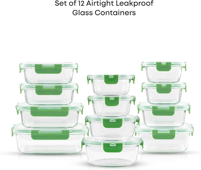 JoyJolt 24pc Borosilicate Glass Storage Containers with Lids | 12 Airtight/Freezer Safe Food Storage Containers for Pantry and Kitchen | Meal Prep Container for Lunch | Glass Tupperware Set
