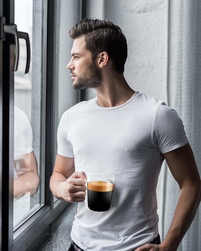 LUXU Glass Coffee Mugs(Set of 4)-17 oz,Clear Beer Mugs,Glass Tea Cups with Comfortable Handle,Lead-free Drinking Glasses,Perfect for Latte,Espresso,Juice,Water,Milk or Hot and Cold Beverage