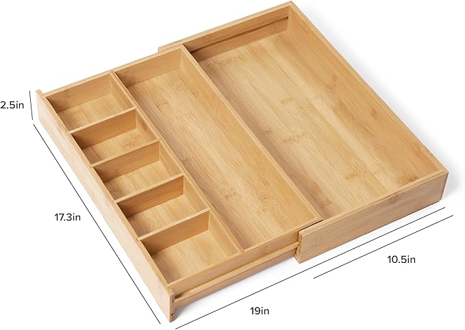 KitchenEdge Adjustable Kitchen Drawer Organizer for Utensils and Junk, Food-Safe Contract Grade with 100% Sustainable Wood, Expandable from 10.5 to 19 Inches Wide - Natural Bamboo