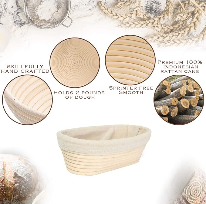YAANI Sourdough Starter Kit, Sourdough Bread Baking Supplies, Banneton Bread Proofing Basket Set Of 2 Round and Oval, Dough Whisk, Scoring Tool, Metal Scraper, Silicone Scraper, Premium Baking Tools