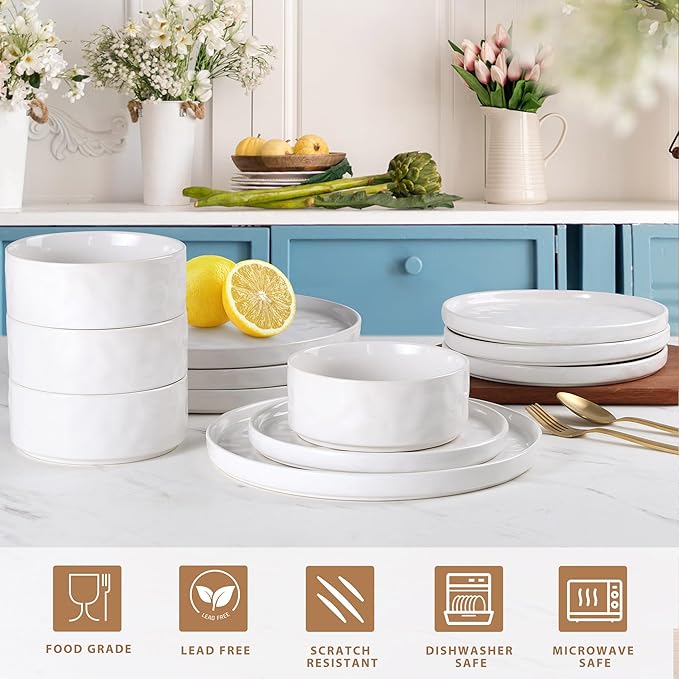 LIANYU Dinnerware Dish Sets for 4, 12 Piece Plates and Bowls Dinner Set, Stoneware Dish Tableware for Dessert Salad Pasta, Microwave & Dishwasher Safe, Polar White & Emerald Green